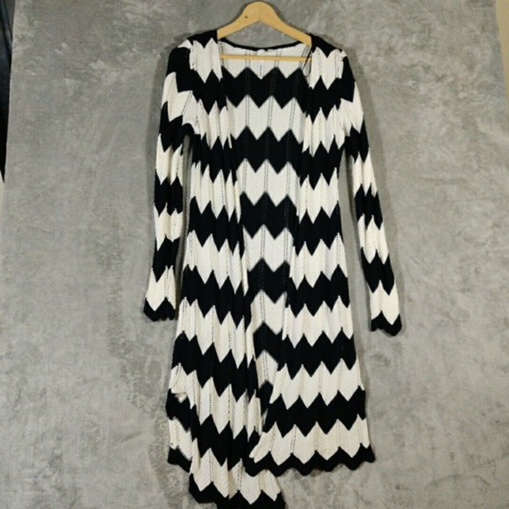 NY Collection Sweater Womens Small Long Black/White Open Front Cardigan‎